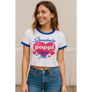 Poppi‎ Ringer Tee Women L White Pink Heart Graphic Y2K Retro Crop Festival